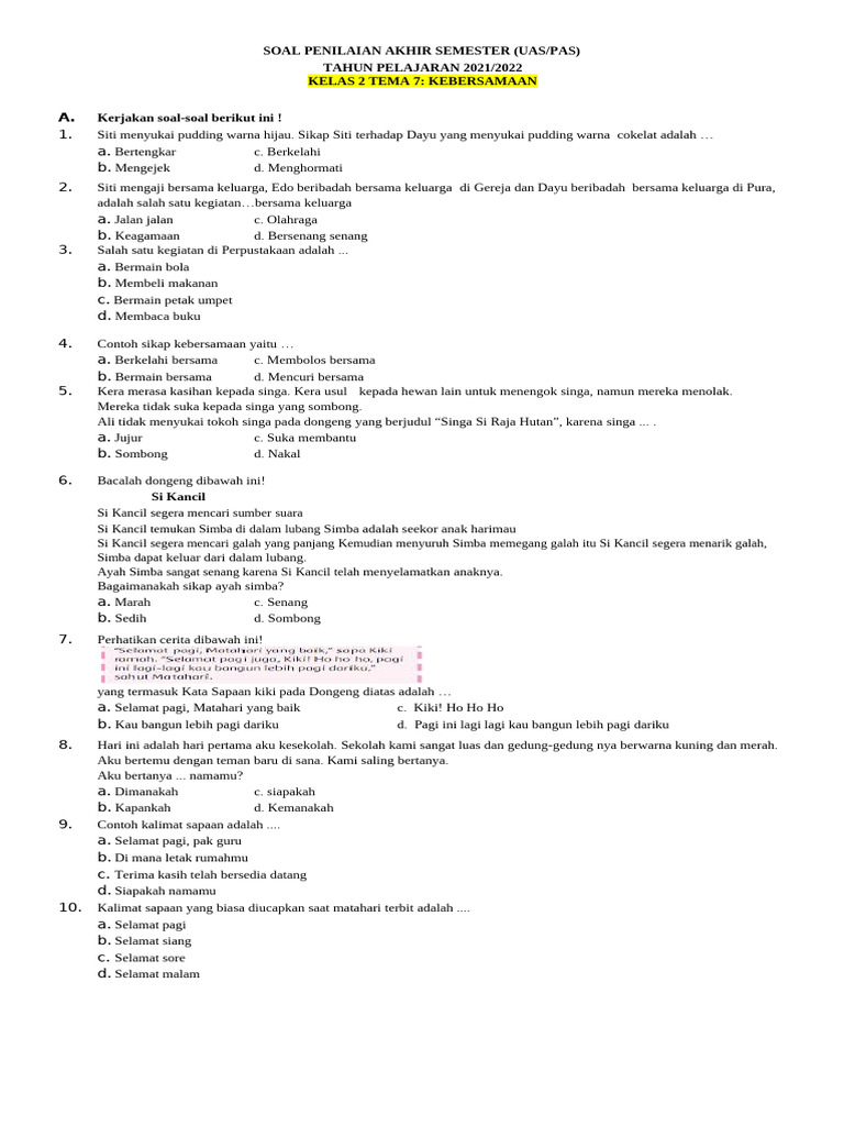 Soal UAS Kelas 2 Tema Kebersamaan PDF