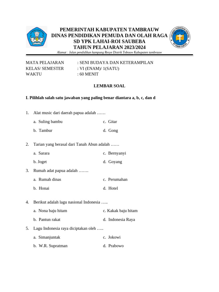 Rahasia Nilai Sempurna 75 Kumpulan Soal SBK Kelas 6 Semester 2 Beserta Kunci Jawabannya