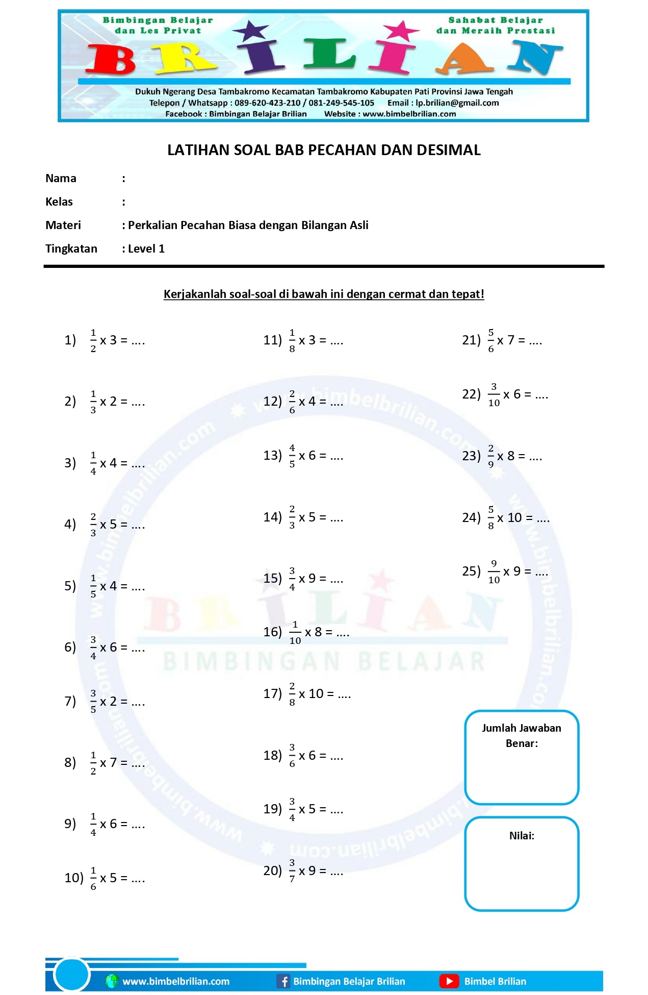Kumpulan Soal Perkalian Pecahan Biasa dengan Bilangan Asli Bimbel Brilian