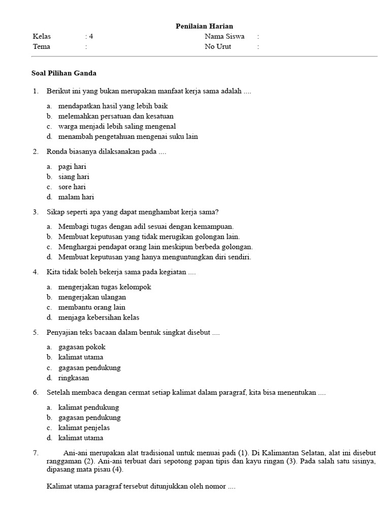 soal penilaian harian kelas 4 tema 1 subtema 2