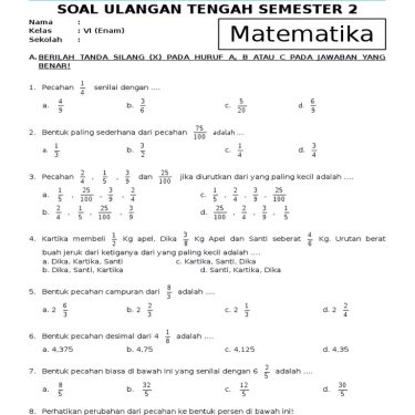 soal ujian semester 2 kelas 6 sd