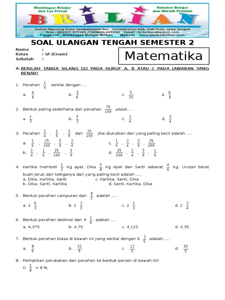 soal ujian semester 2 kelas 6 sd