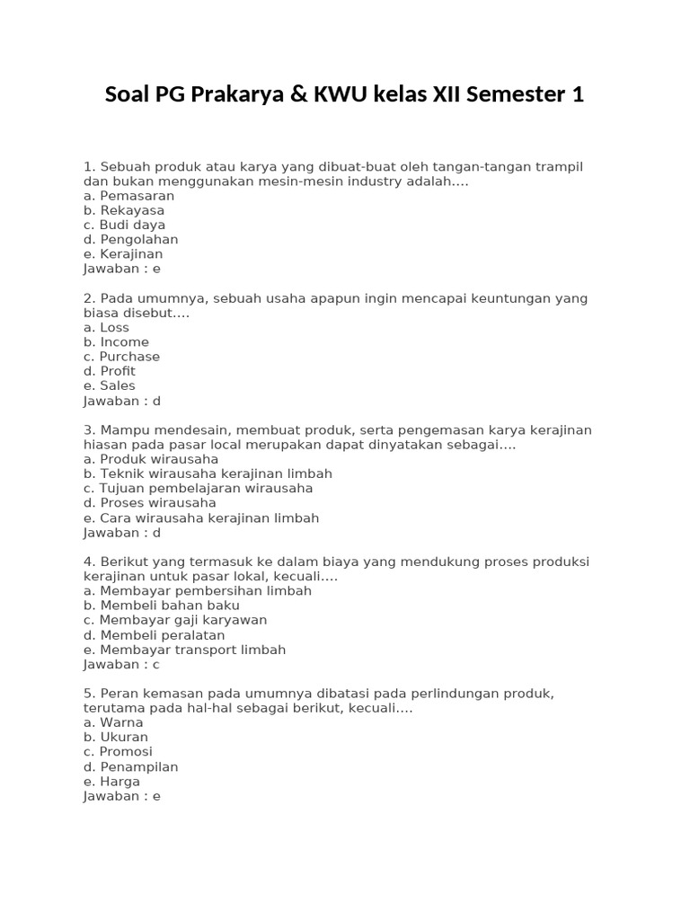 5 Contoh Soal KWU Kelas 12 Semester 1 Kurikulum 2013 yang Wajib Kamu Kuasai