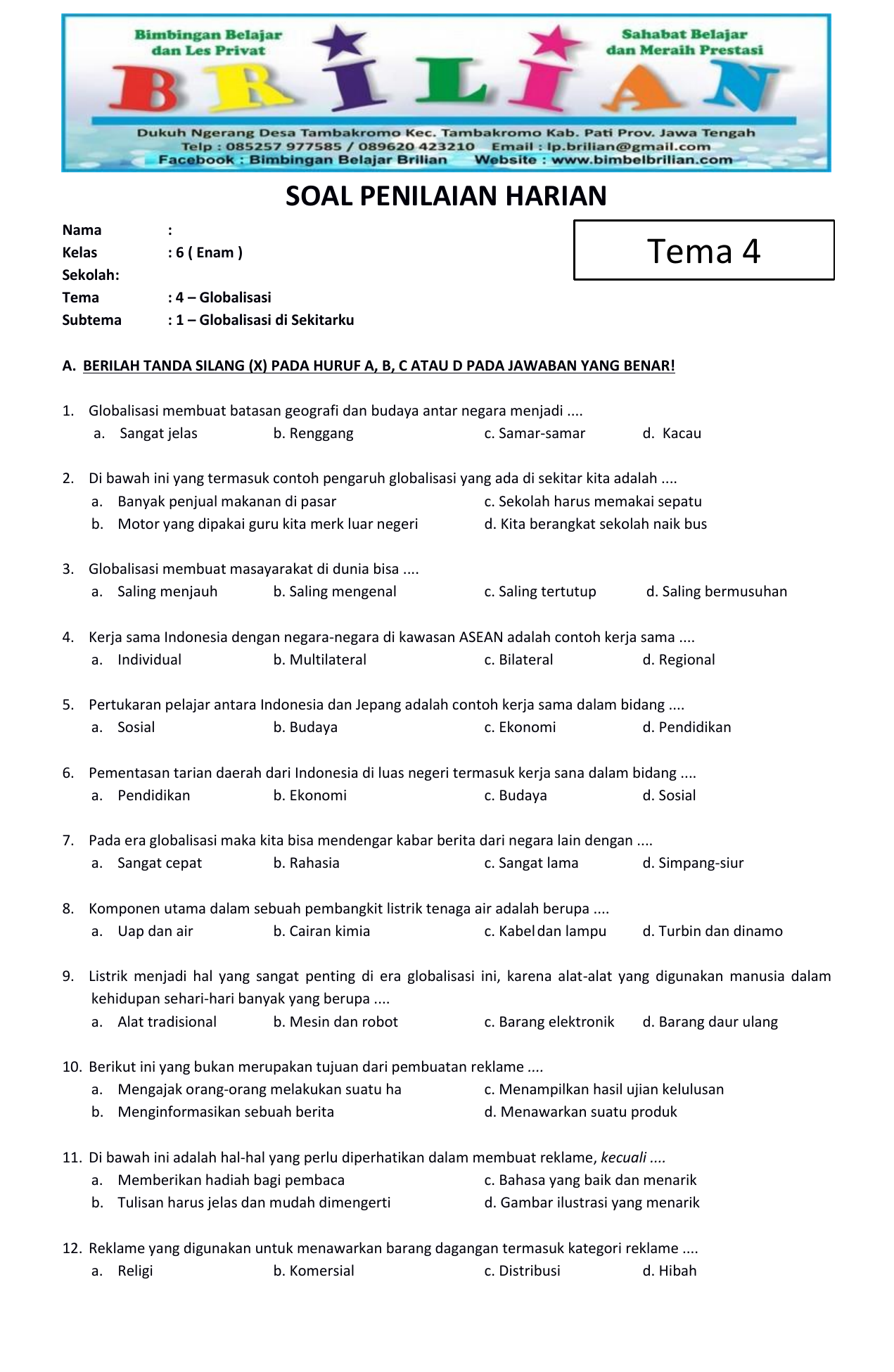Soal Bahasa Indonesia Kelas 6 Tema 1 Homecare24 - Free Word Template