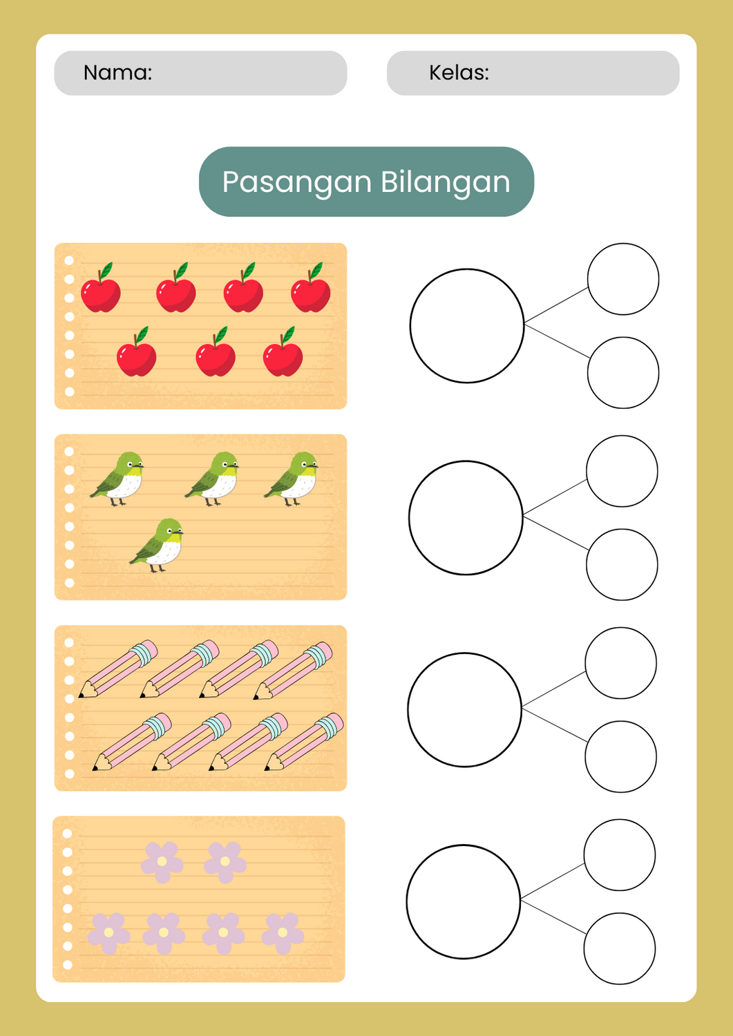 Pasangan Bilangan kelas 1 SD Lembar kerja matematika Kartu flash Pasangan Bilangan kelas 1 SD Lembar kerja matematika Kartu flash