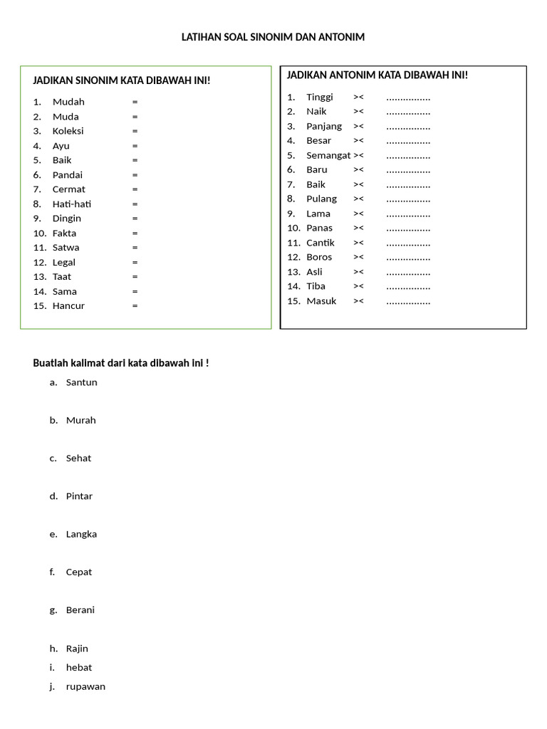 Latihan Sinonim dan Antonim Kata PDF