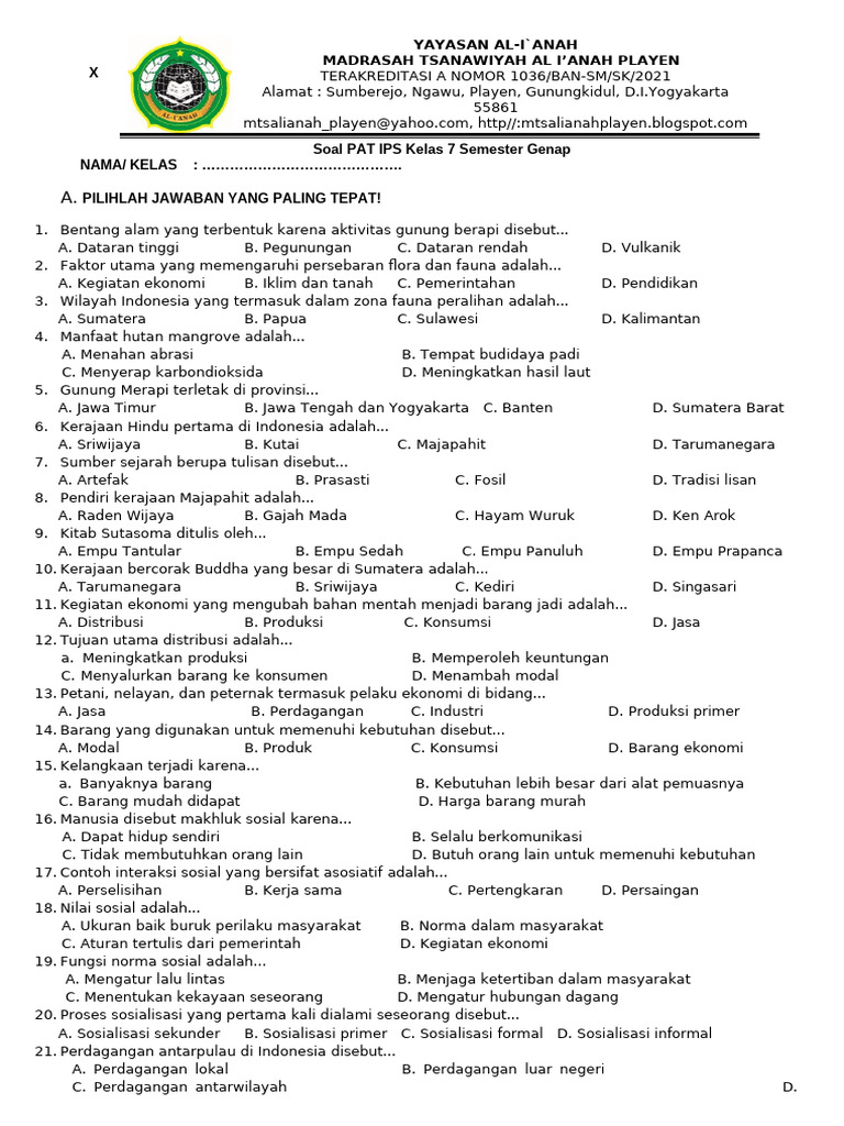 Soal PAT IPS Kelas 7 Semester Genap PDF Soal PAT IPS Kelas 7 Semester Genap PDF