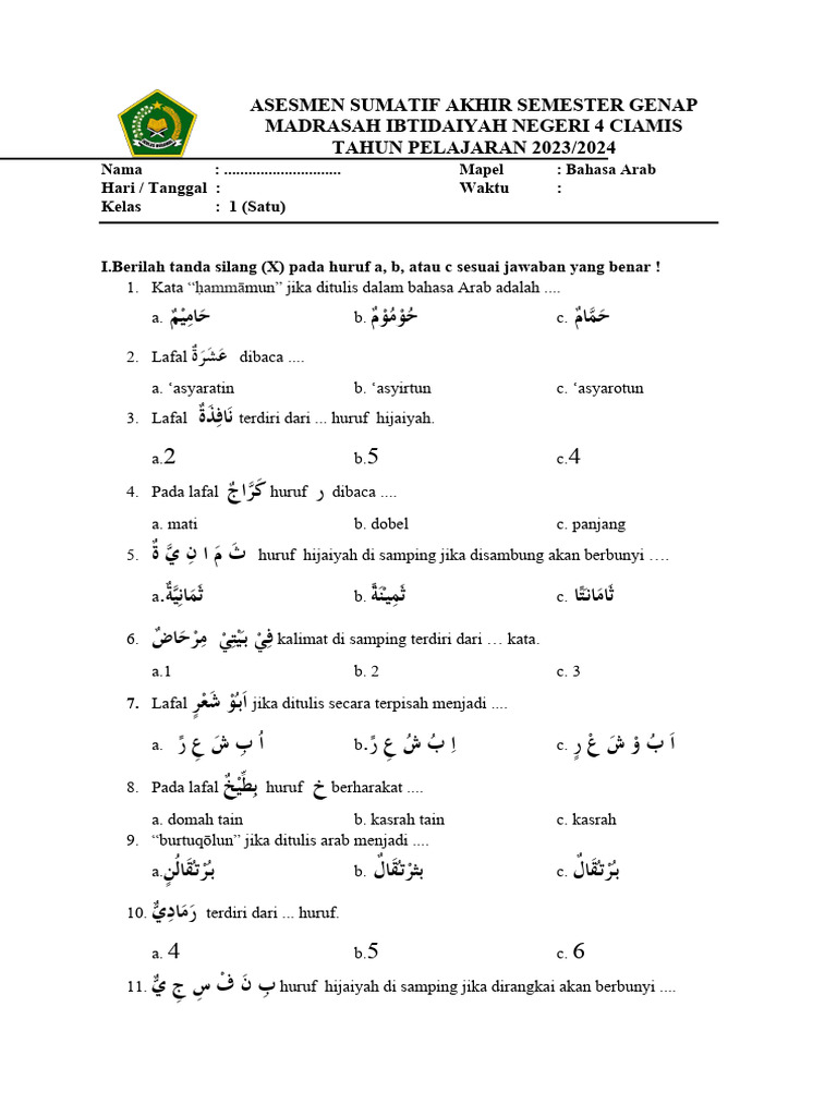 7 Contoh Soal UKK Bahasa Arab Kelas 1 Semester 2 Bikin Nilai Naik Sebelum Ujian