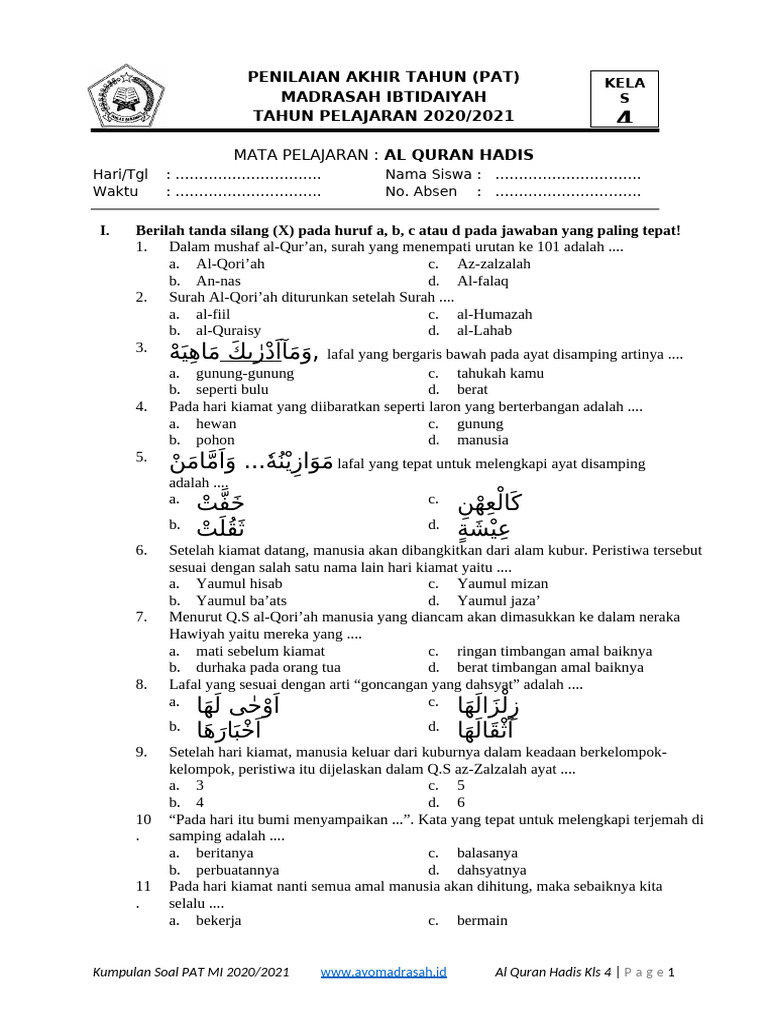 Rahasia Lulus Nilai Sempurna Soal Alquran Hadits Kelas 4 MI Semester 1 Terbaru
