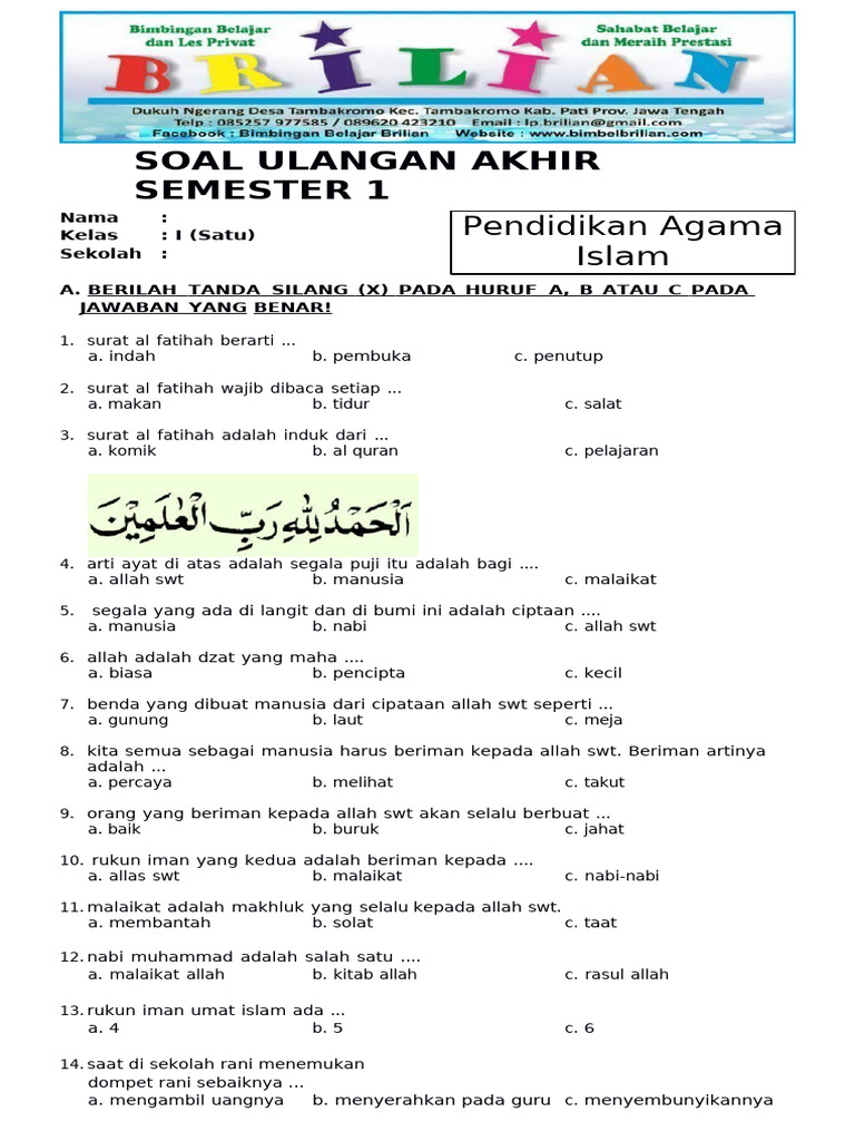 Wajib Tahu Contoh Soal Ulangan Harian PAI Kelas 1 SD Semester 1 Agar Nilai Sempurna