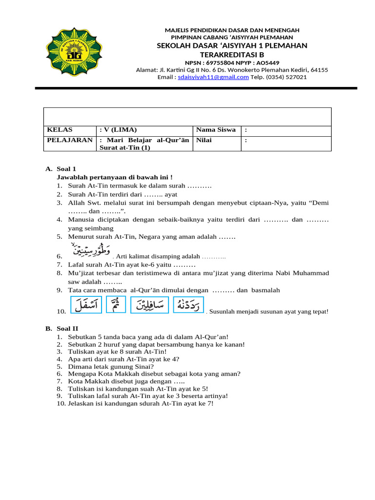 Wajib Tahu! Ini Bocoran Soal Alquran Kelas 5 Semester 1 Agar Nilai Kamu Sempurna Wajib Tahu! Ini Bocoran Soal Alquran Kelas 5 Semester 1 Agar Nilai Kamu Sempurna